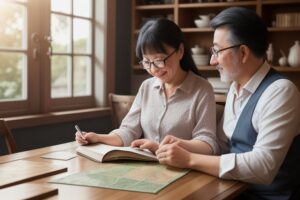 Couple researching retirement destination